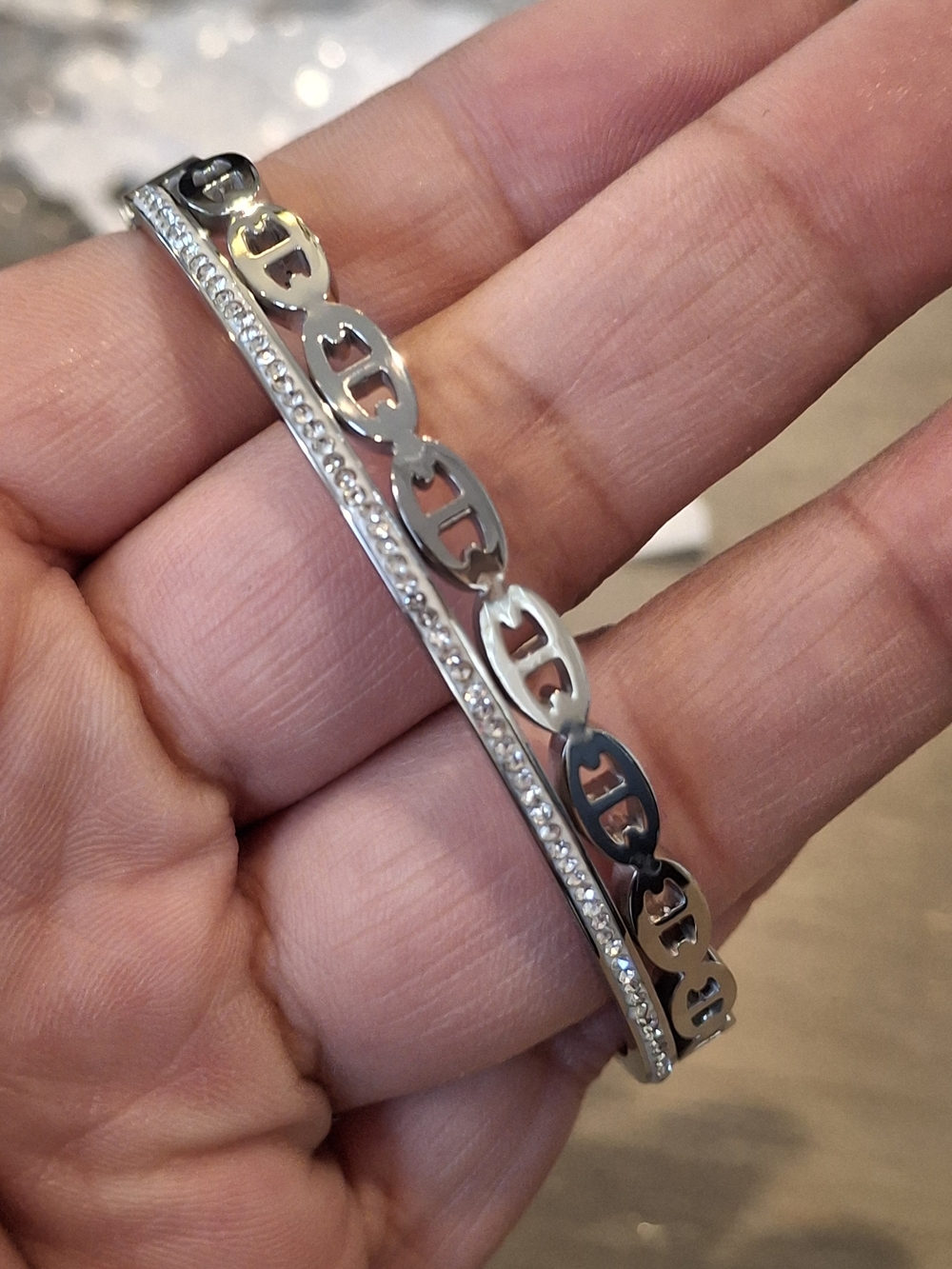 Sterling Silver Linked Crystal Bangle Bracelet - Silver